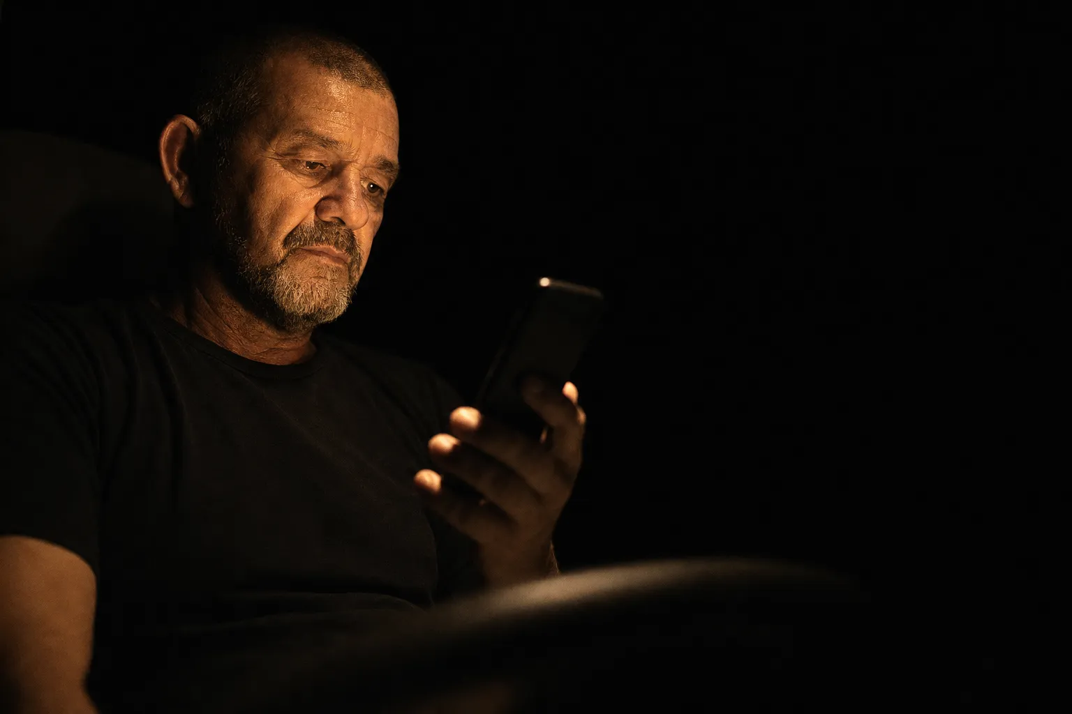 Caminhoneiro preocupado dentro da cabine à noite, lendo no celular a mensagem da esposa