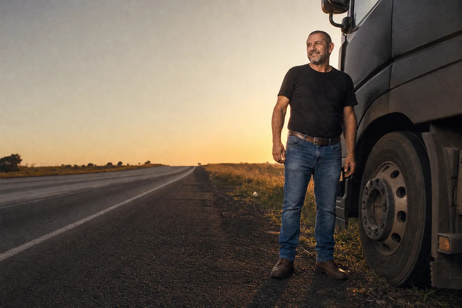 Caminhoneiro brasileiro no acostamento ao lado do seu caminhão Scania, com a rodovia se estendendo ao amanhecer